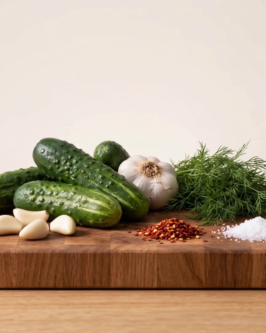 Fresh cucumbers, garlic and dill on a cutting board